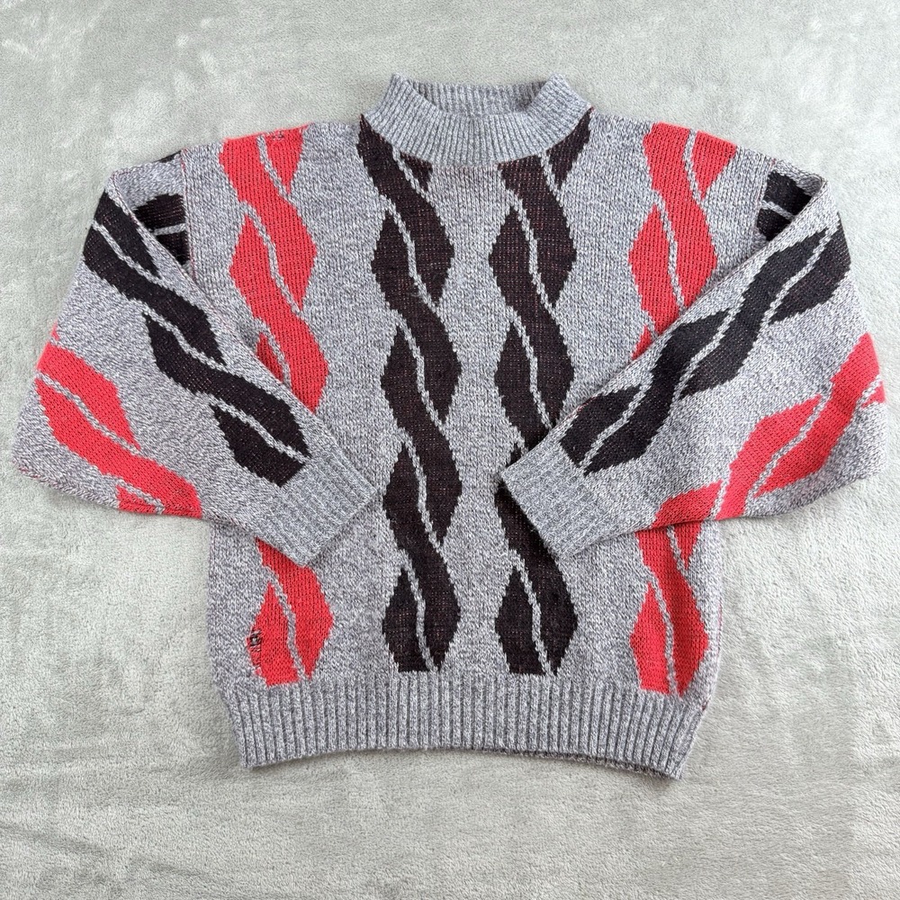 Vintage Burlington Sweater Womens Gray Red‎ Black Geometric Mock Neck USA 70s